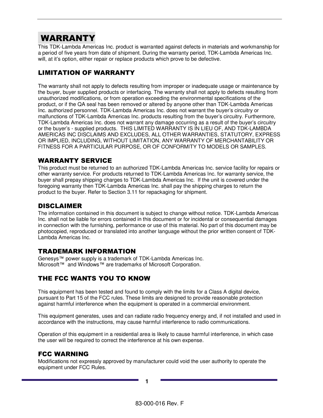 TDK 5KW Limitation of Warranty, Warranty Service, Disclaimer, Trademark Information, FCC Wants YOU to Know, FCC Warning 