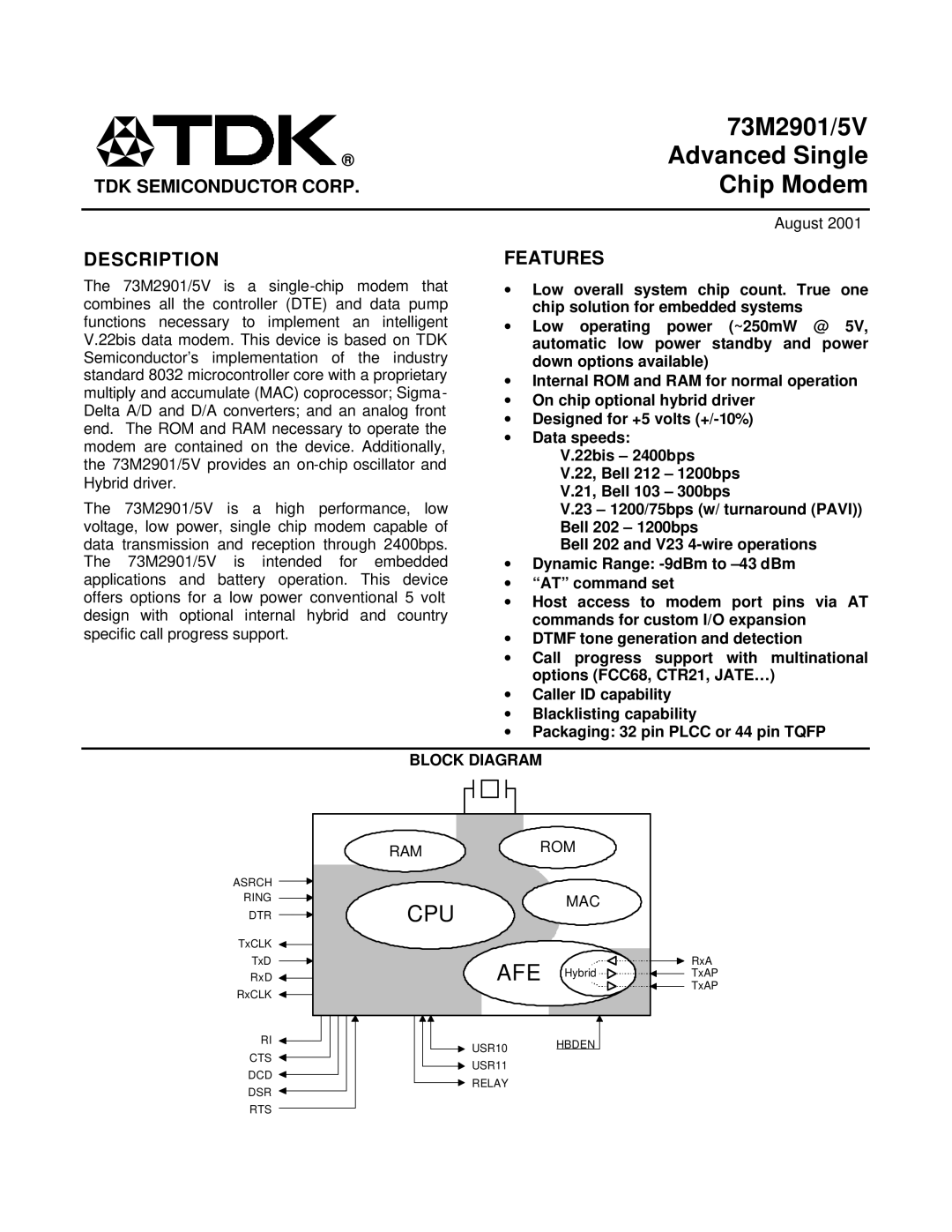 TDK 73M2901/5V manual TDK Semiconductor Corp, Description, Features, Block Diagram 