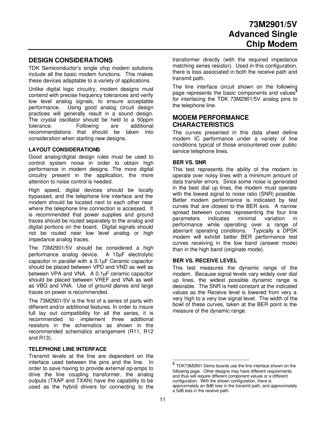 TDK 73M2901/5V manual Design Considerations, Modem Performance Characteristics 