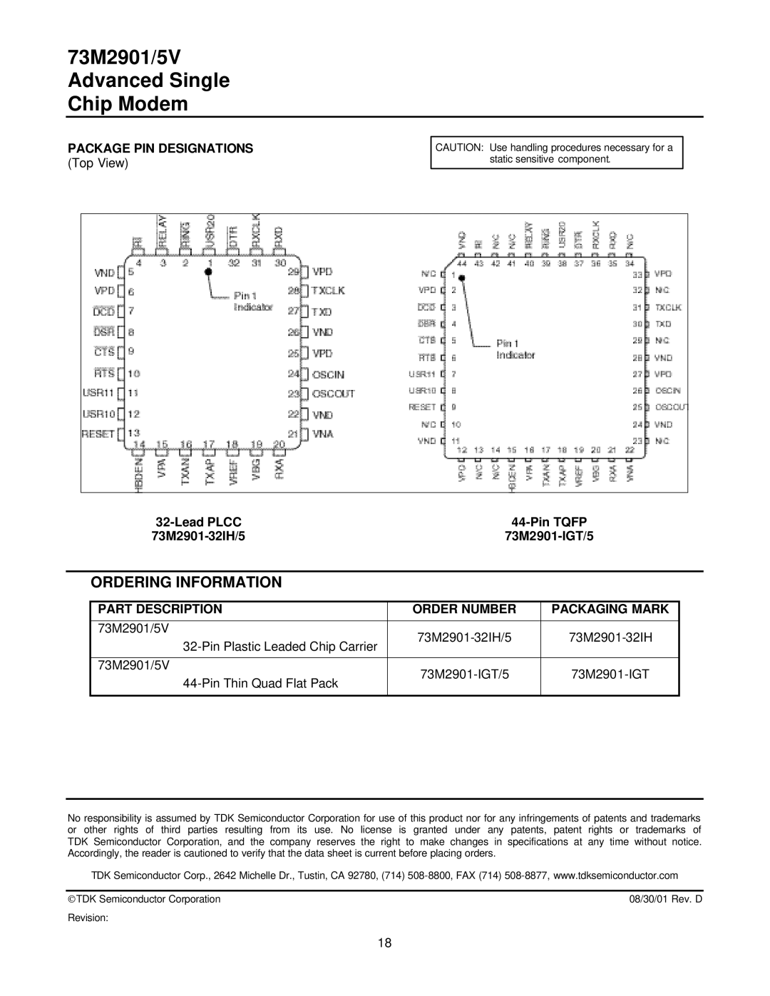 TDK 73M2901/5V manual Ordering Information, Package PIN Designations, Part Description Order Number Packaging Mark 