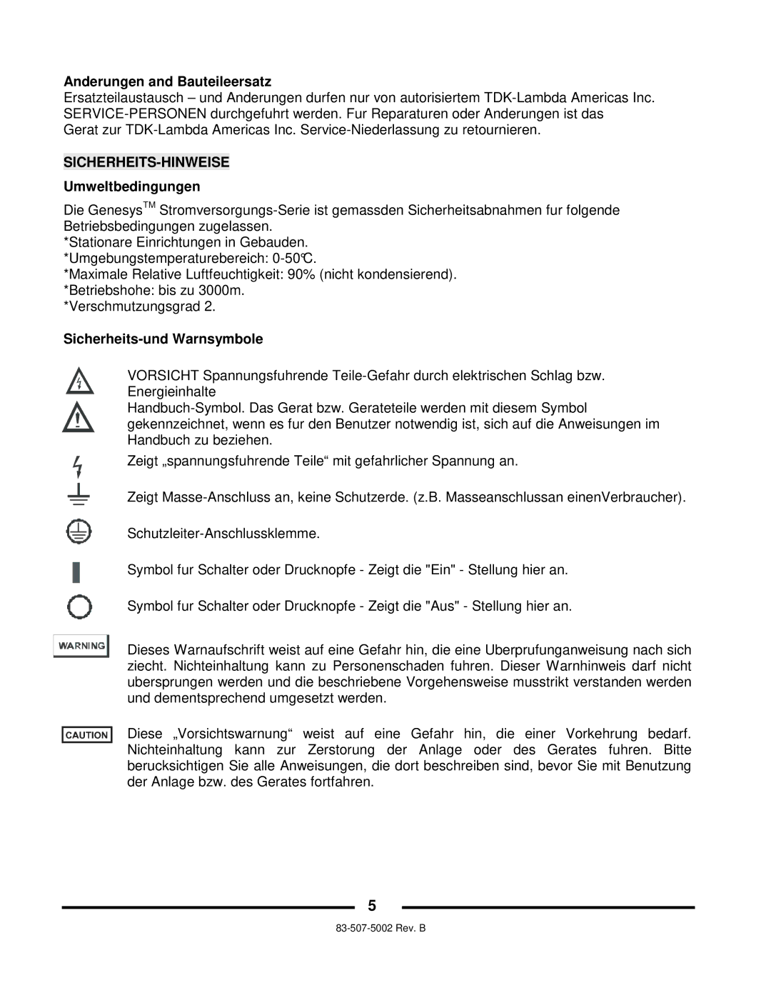 TDK 750W HALF RACK technical manual Anderungen and Bauteileersatz, Umweltbedingungen, Sicherheits-und Warnsymbole 