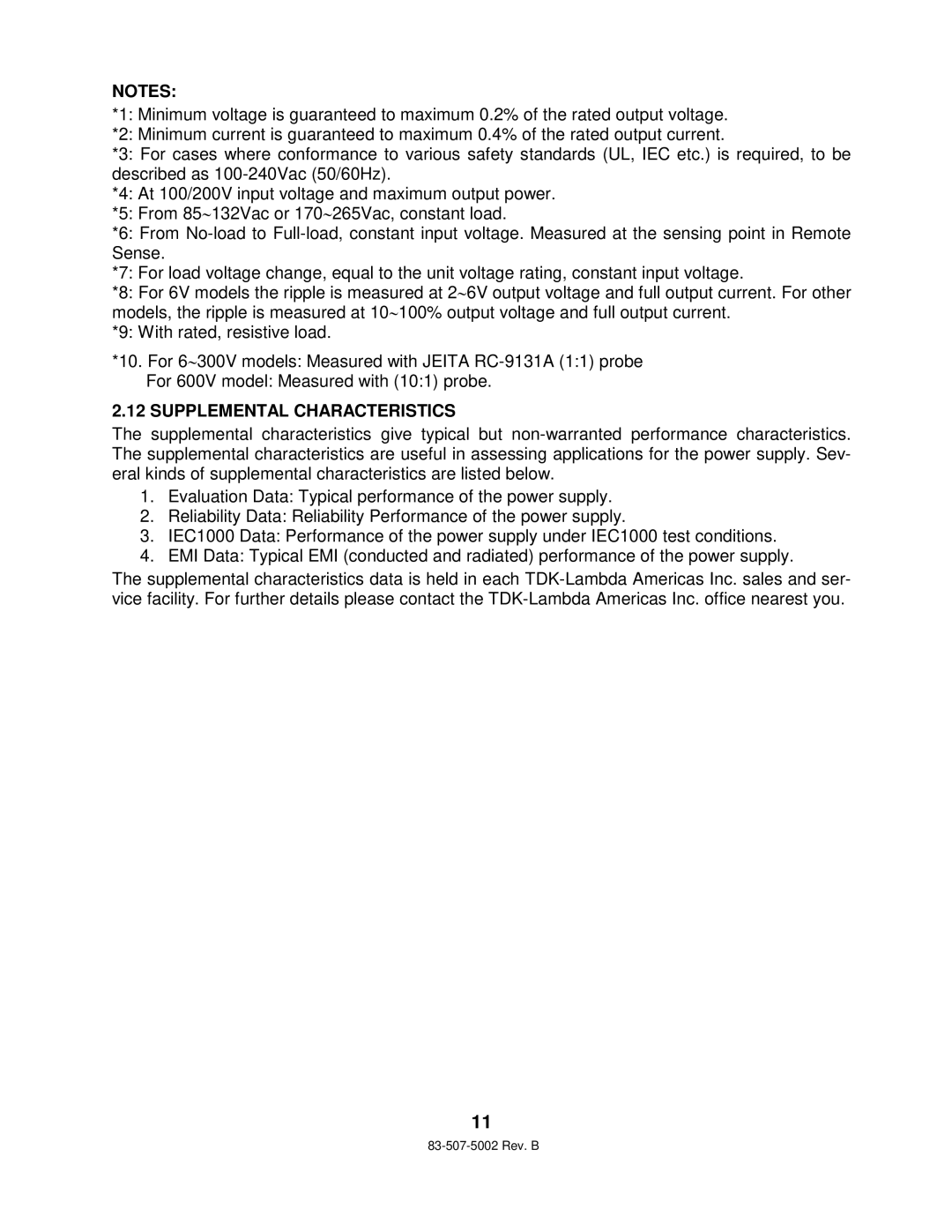 TDK 750W HALF RACK technical manual Supplemental Characteristics 