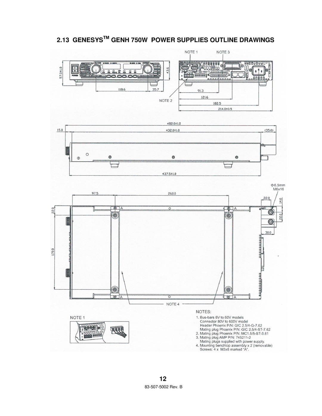 TDK 750W HALF RACK technical manual Genesystm Genh 750W Power Supplies Outline Drawings 