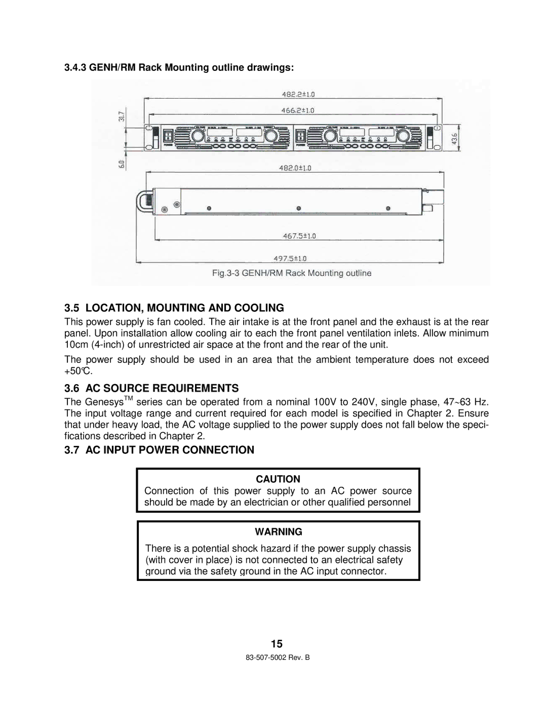 TDK 750W HALF RACK technical manual LOCATION, Mounting and Cooling, AC Source Requirements, AC Input Power Connection 