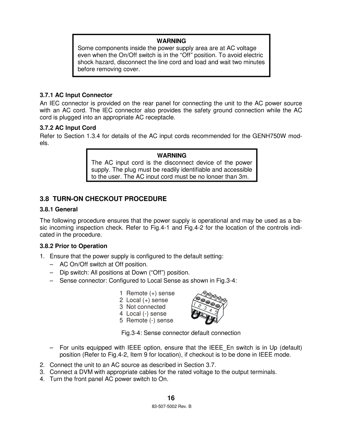 TDK 750W HALF RACK TURN-ON Checkout Procedure, AC Input Connector, AC Input Cord, General, Prior to Operation 