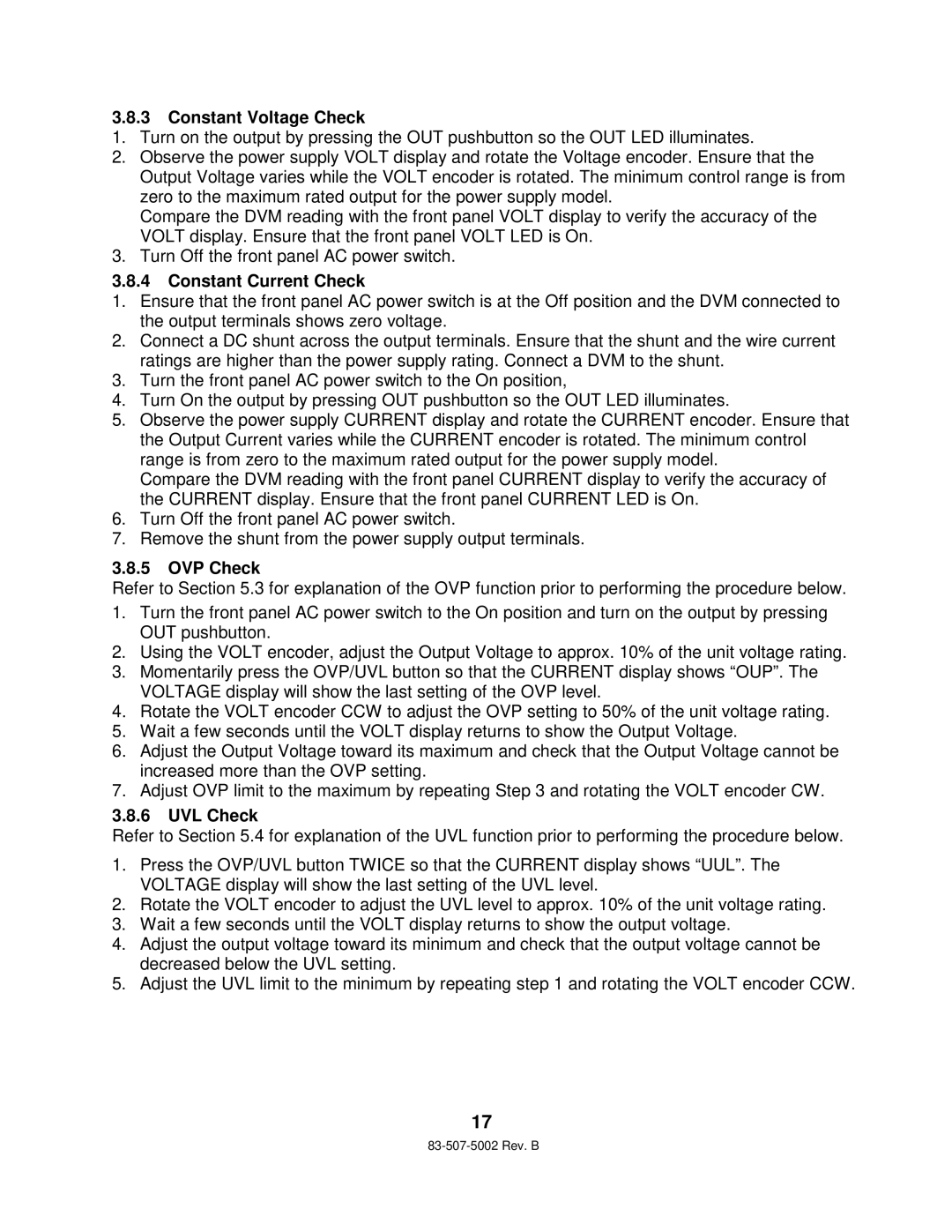 TDK 750W HALF RACK technical manual Constant Voltage Check, Constant Current Check, OVP Check, UVL Check 