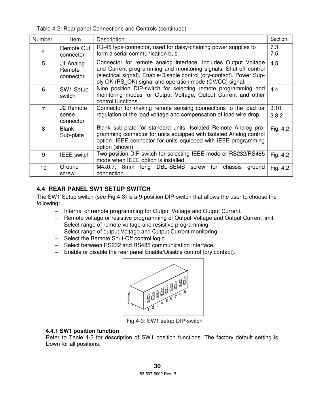 TDK 750W HALF RACK technical manual Rear Panel SW1 Setup Switch, 1 SW1 position function 