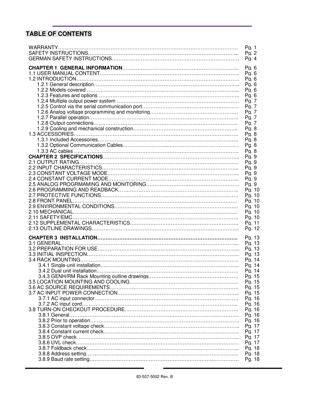 TDK 750W HALF RACK technical manual Table of Contents 