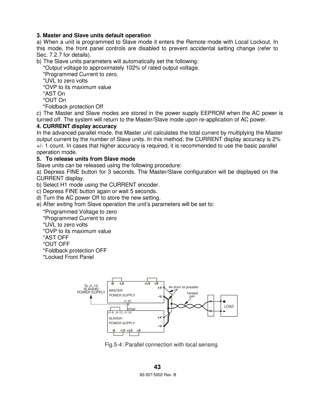 TDK 750W HALF RACK Master and Slave units default operation, Current display accuracy, To release units from Slave mode 