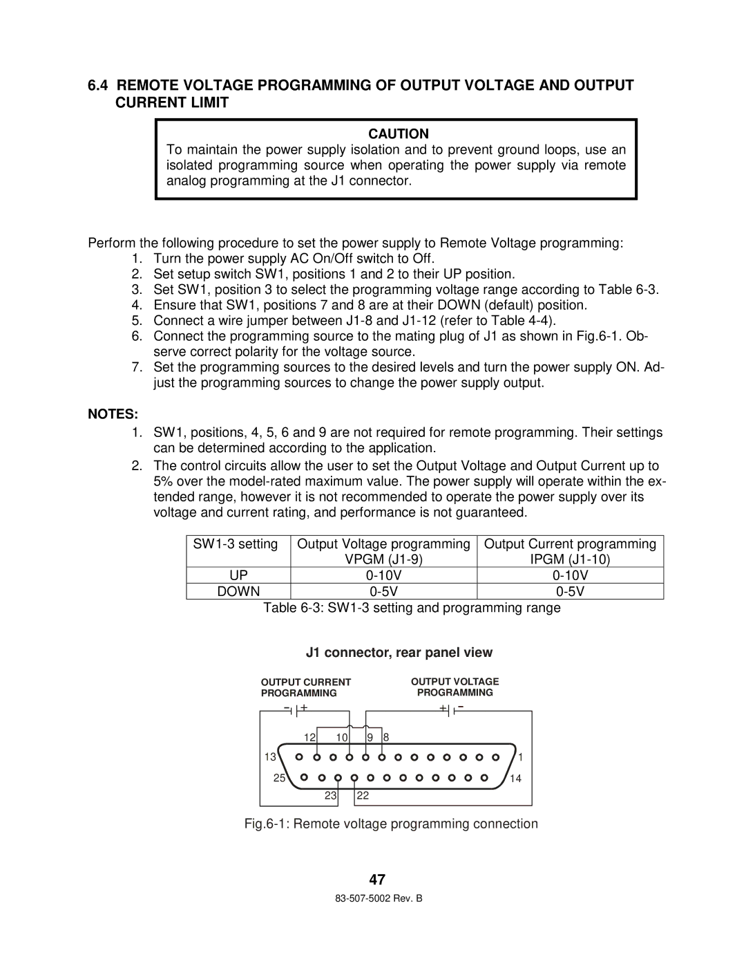 TDK 750W HALF RACK technical manual Down, Remote voltage programming connection 