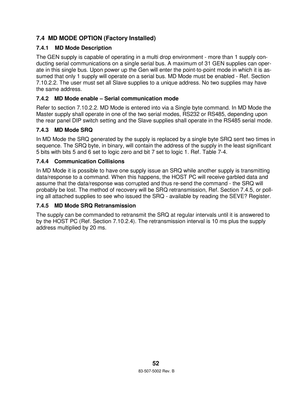 TDK 750W HALF RACK MD Mode Description, MD Mode enable Serial communication mode, MD Mode SRQ, Communication Collisions 