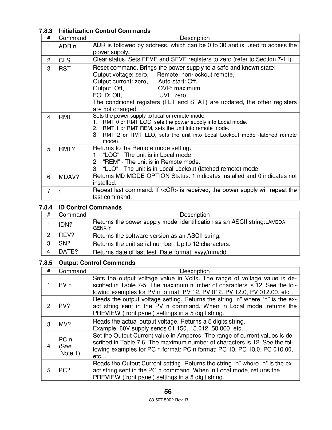 TDK 750W HALF RACK technical manual Initialization Control Commands, ID Control Commands, Output Control Commands 