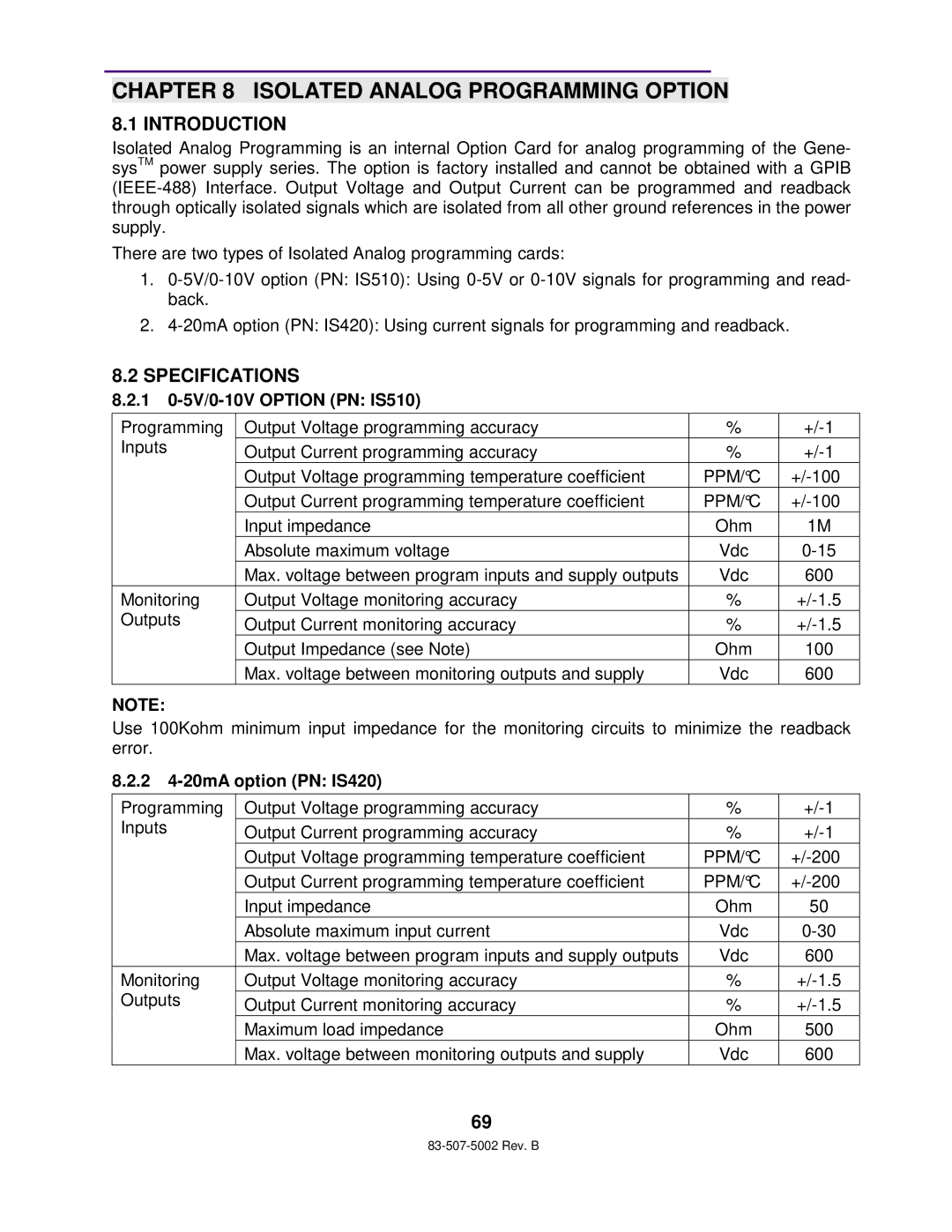 TDK 750W HALF RACK technical manual Isolated Analog Programming Option, Specifications, 1 0-5V/0-10V Option PN IS510, Ppm/C 