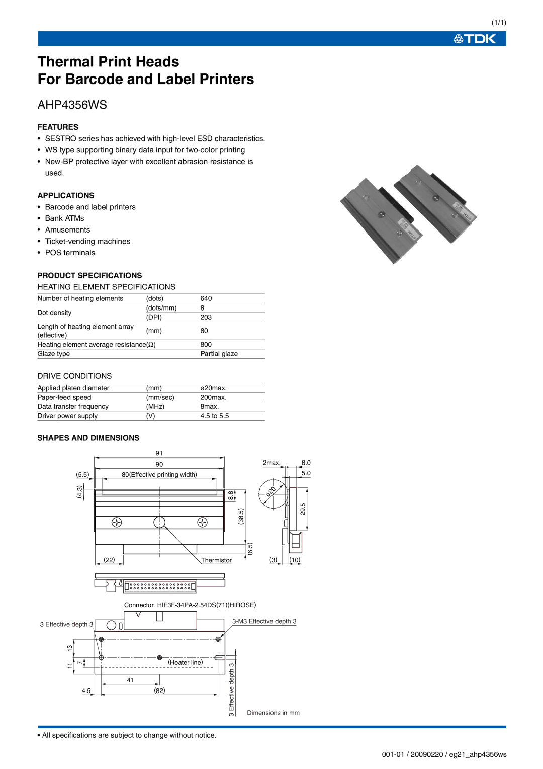 TDK AHP4356WS specifications Thermal Print Heads For Barcode and Label Printers 