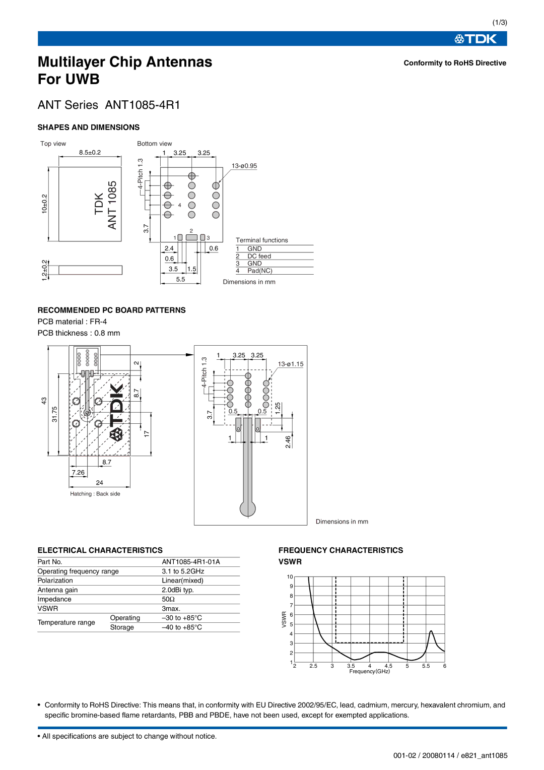 TDK ANT1085-4R1 specifications Shapes and Dimensions, Recommended PC Board Patterns 