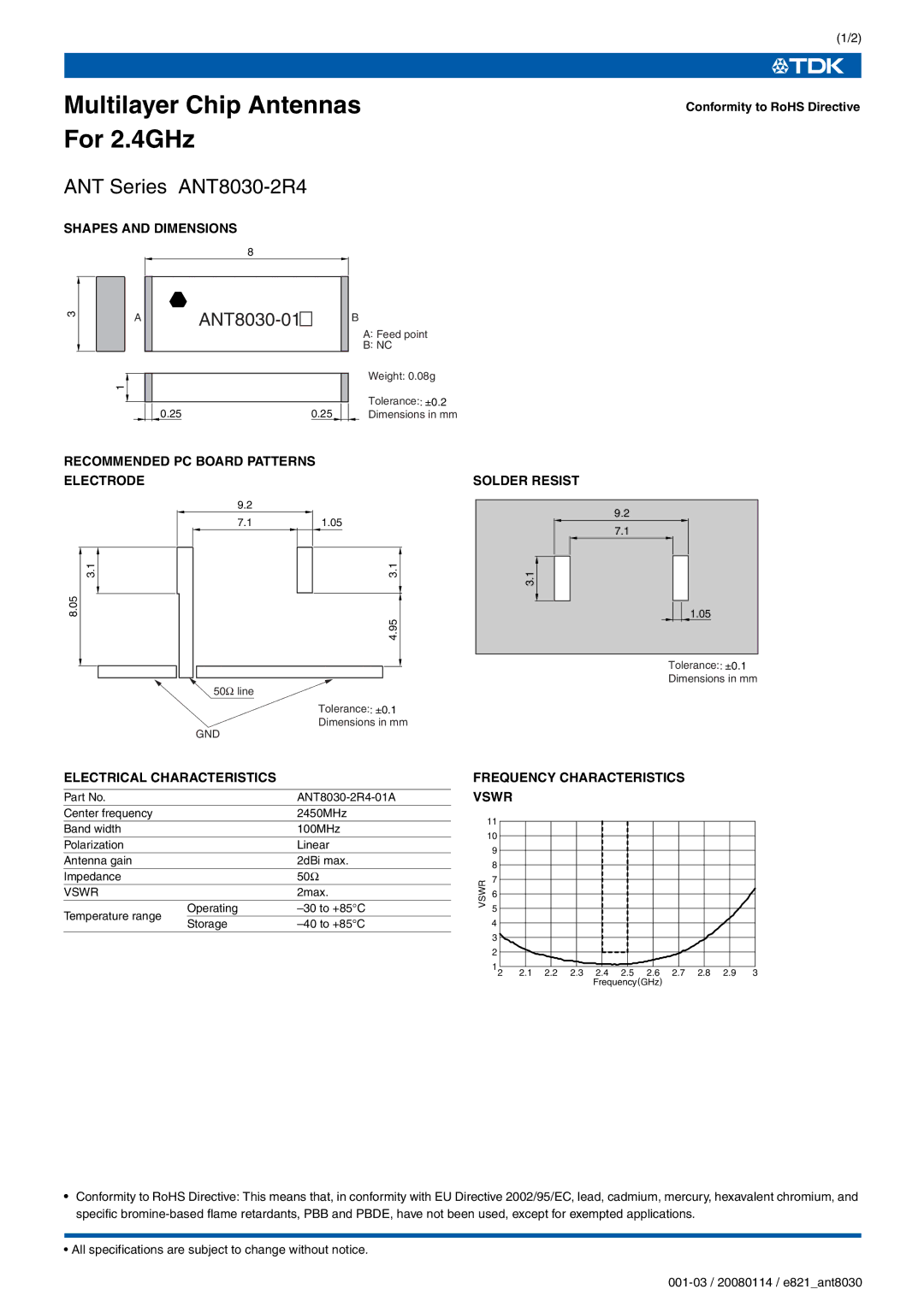 TDK ANT8030-2R4 specifications Shapes and Dimensions, Recommended PC Board Patterns Electrode Solder Resist 