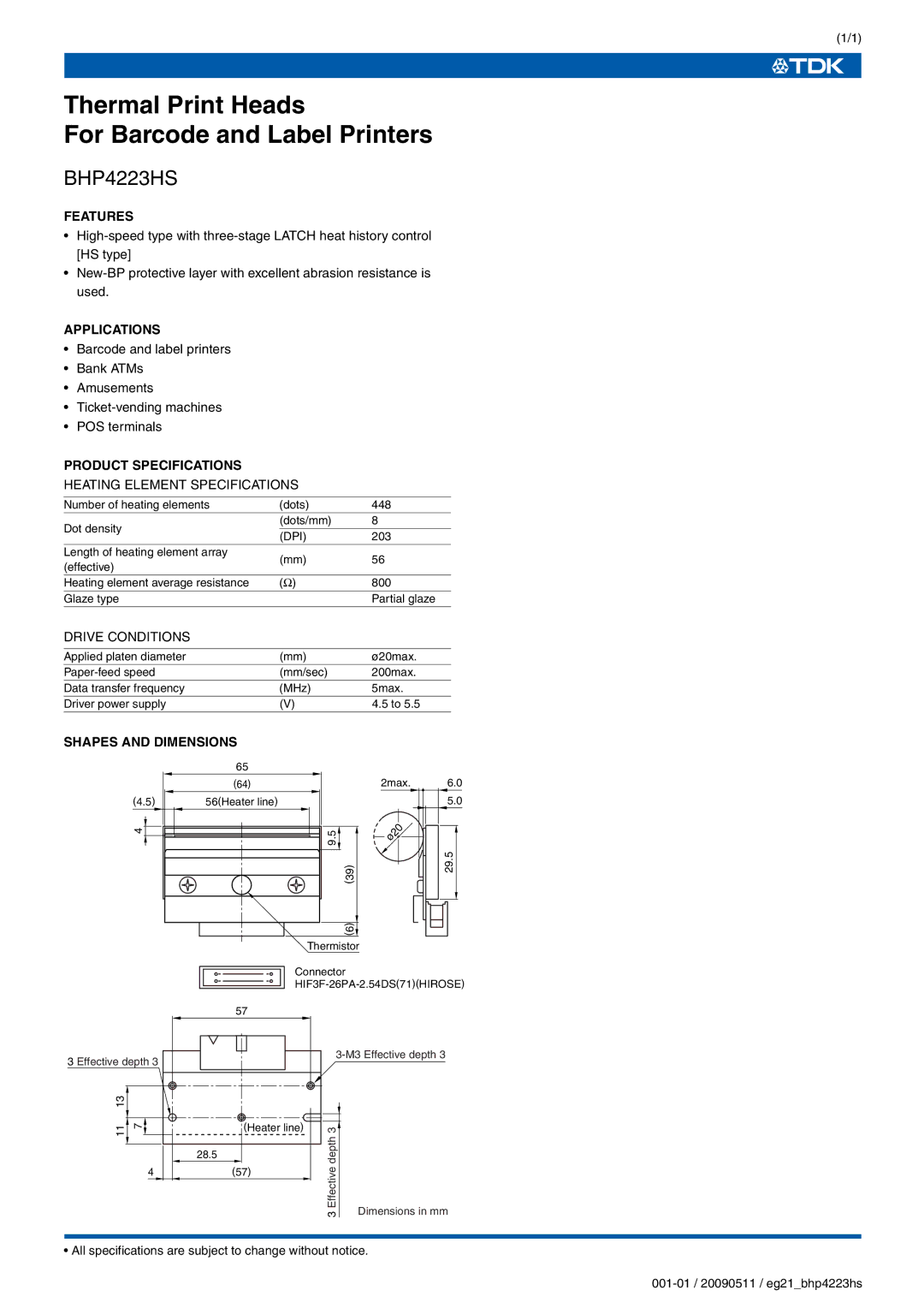 TDK BHP4223HS specifications Thermal Print Heads For Barcode and Label Printers 