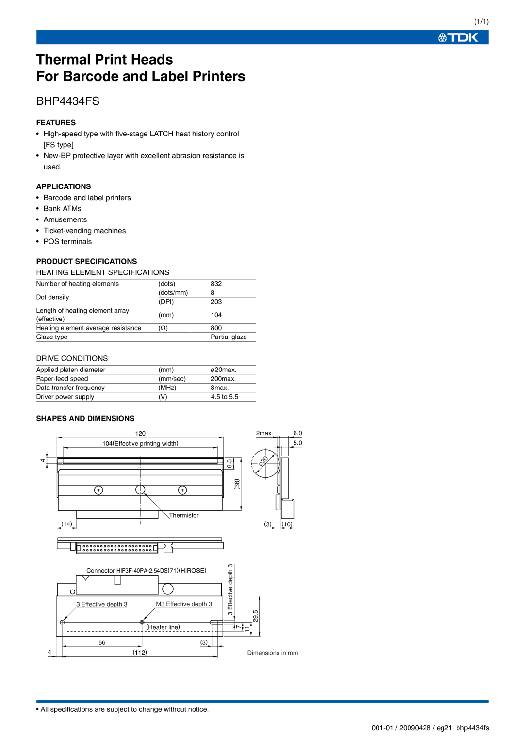 TDK BHP4434FS specifications Thermal Print Heads For Barcode and Label Printers 