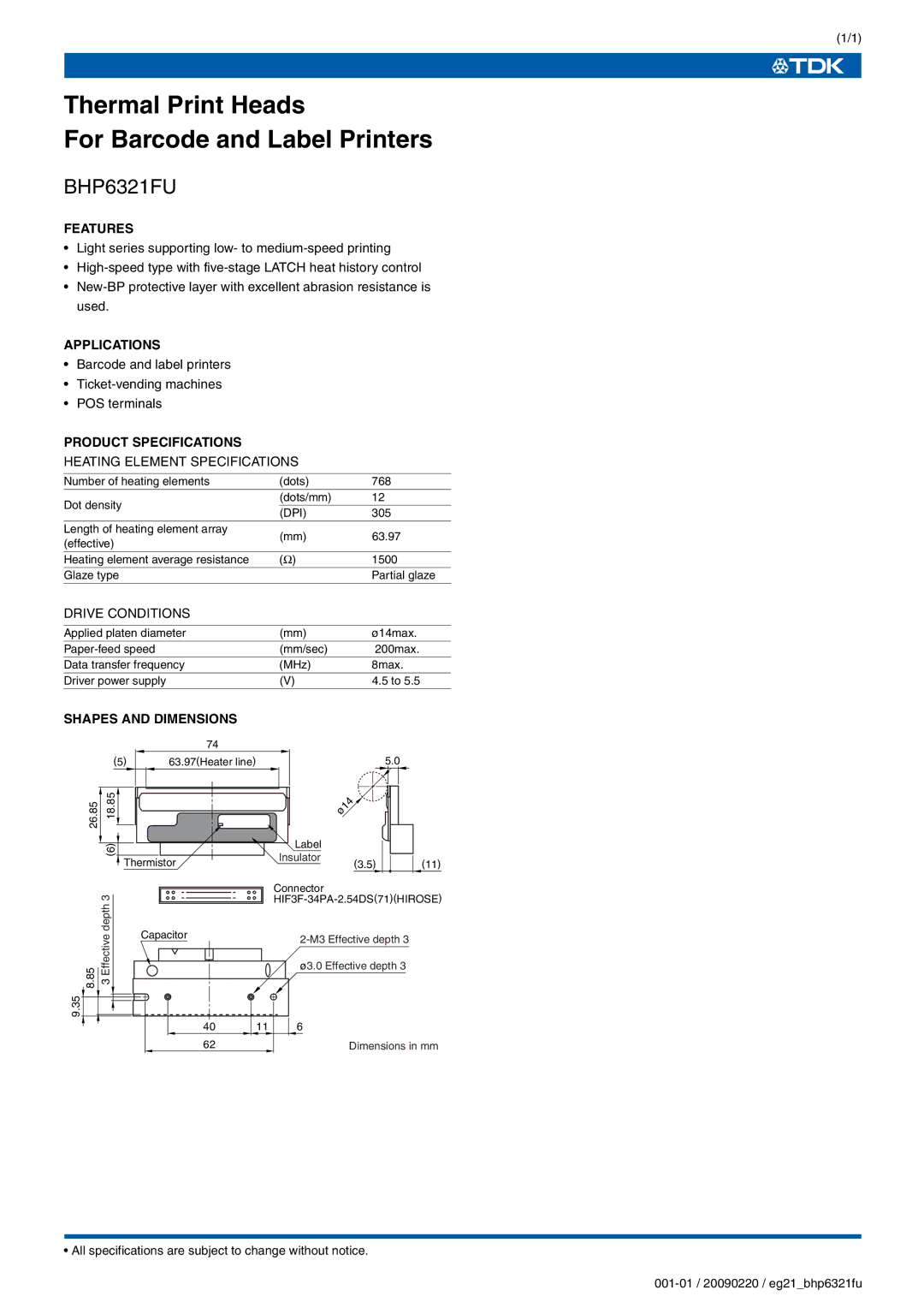 TDK BHP6321FU specifications Thermal Print Heads For Barcode and Label Printers 