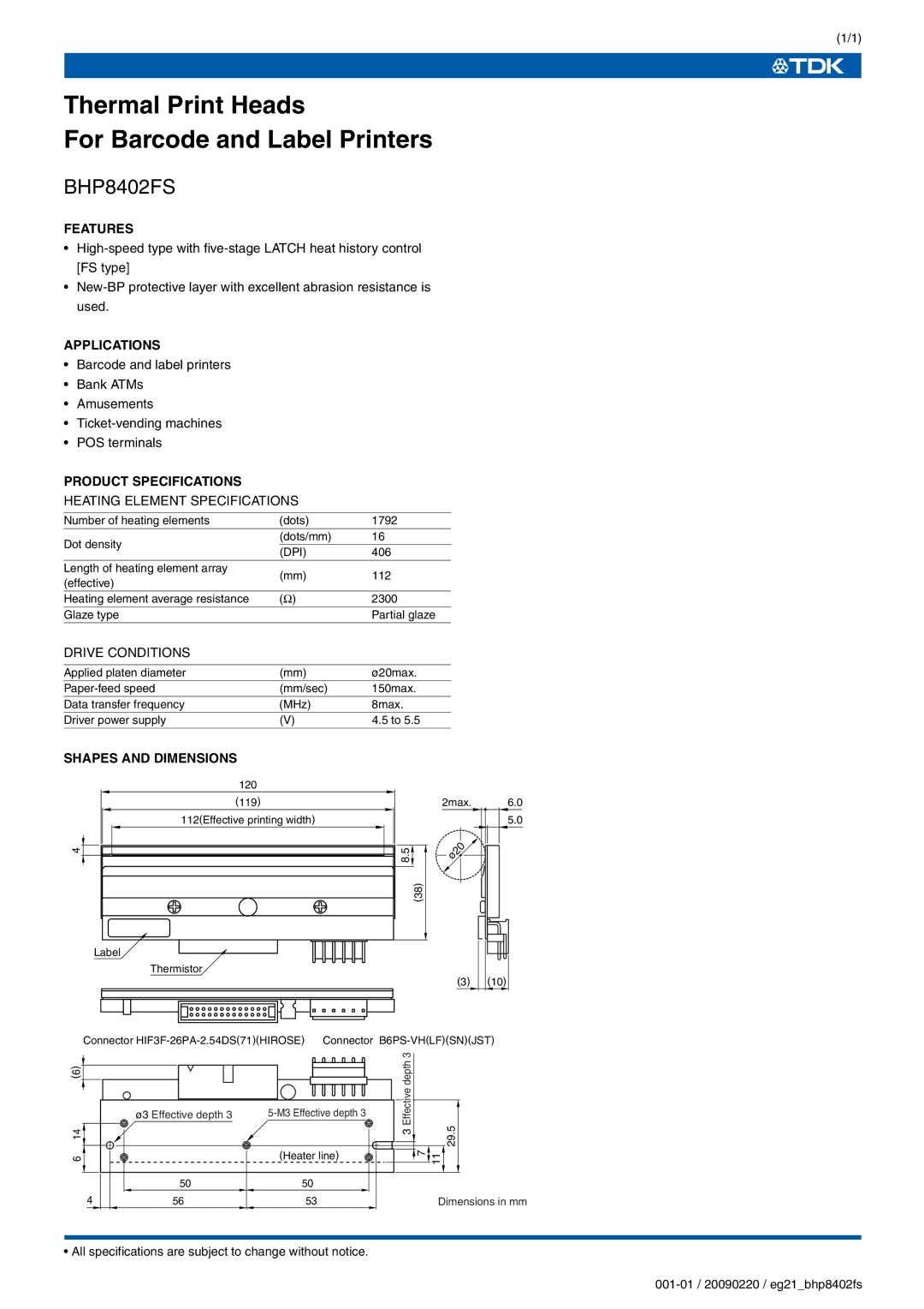 TDK BHP8402FS specifications Thermal Print Heads For Barcode and Label Printers 