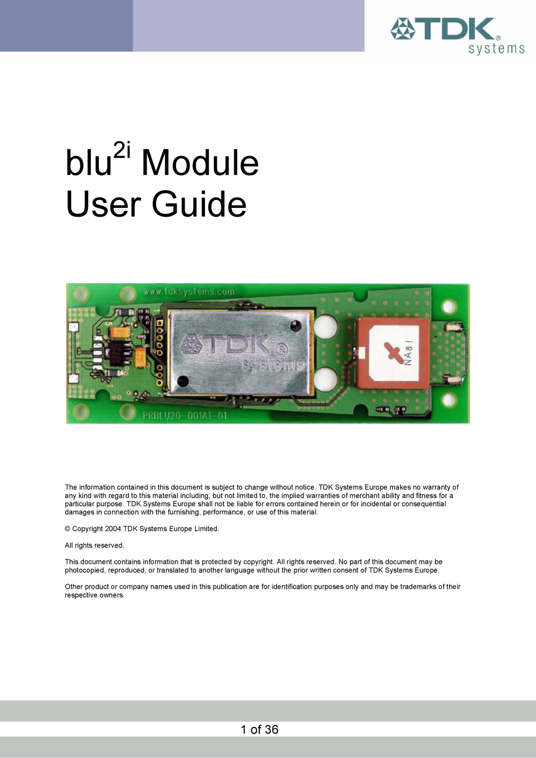 TDK blu2i manual Blu2i Module User Guide 