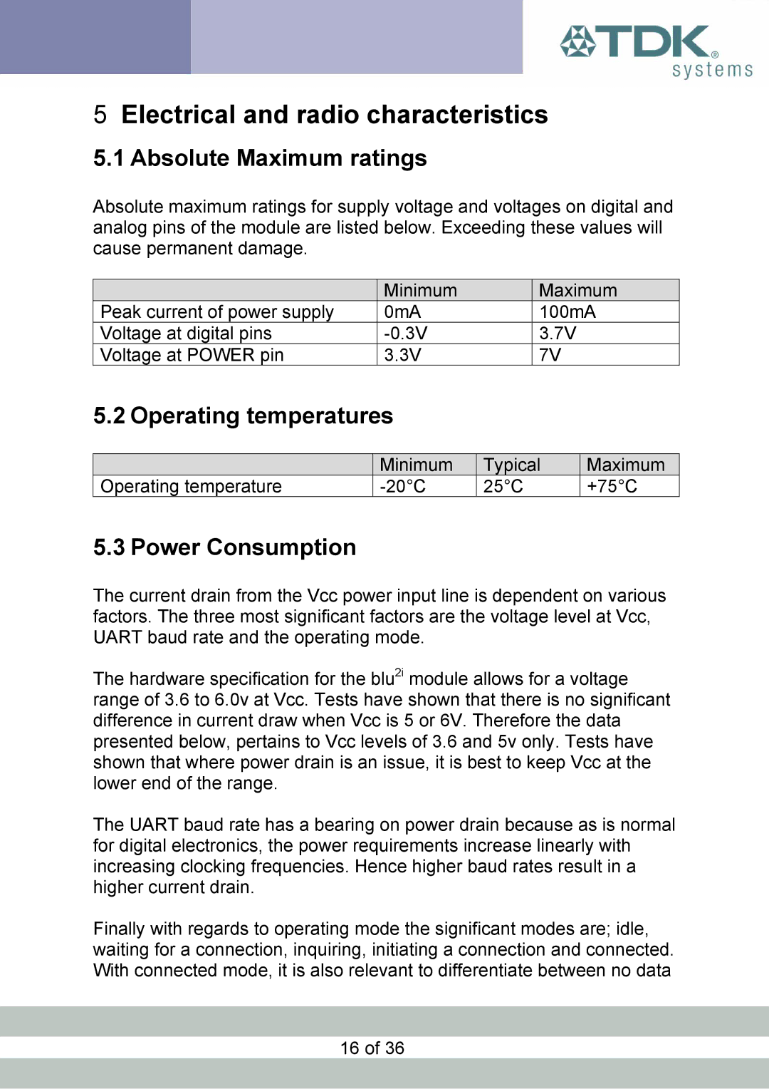 TDK blu2i manual Electrical and radio characteristics, Absolute Maximum ratings, Operating temperatures, Power Consumption 