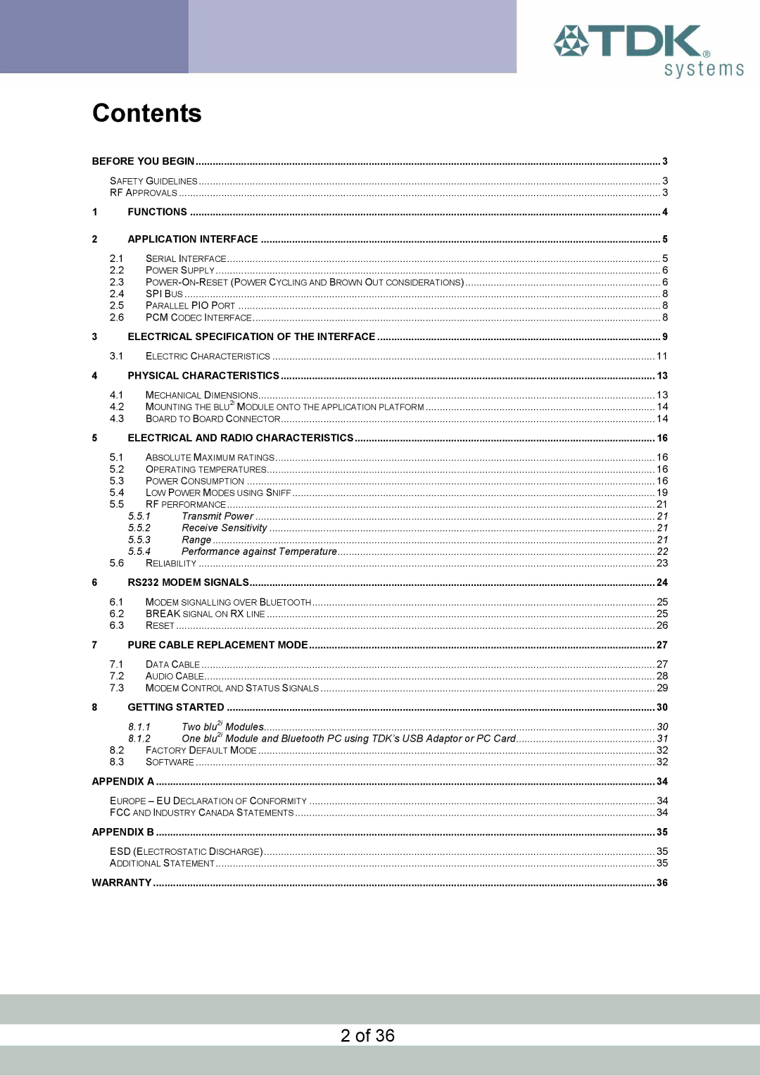 TDK blu2i manual Contents 