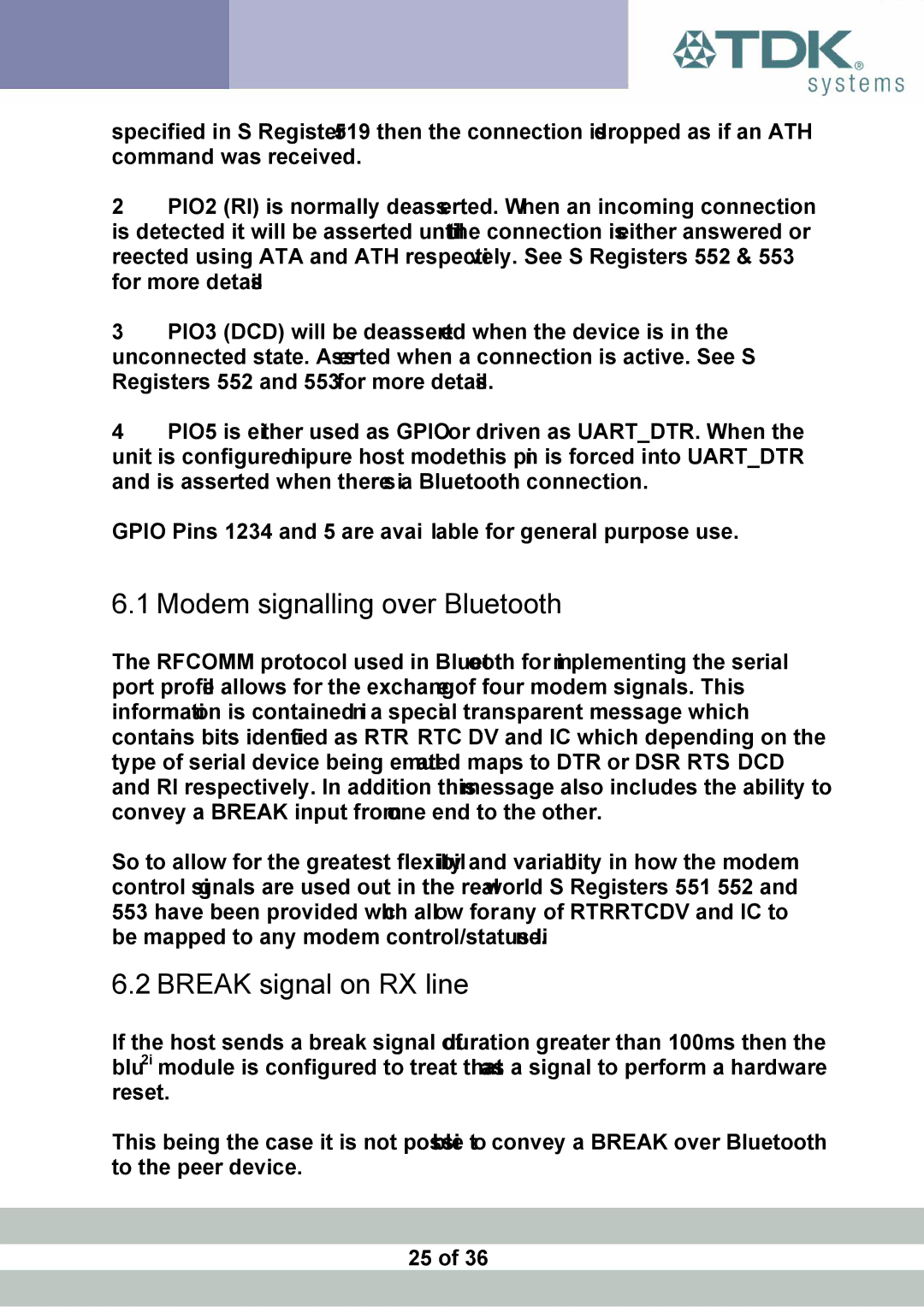 TDK blu2i manual Modem signalling over Bluetooth, Break signal on RX line 