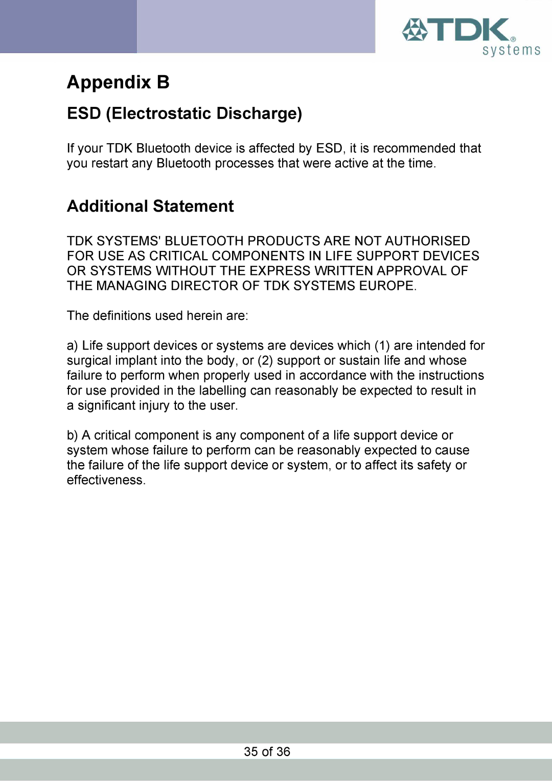 TDK blu2i manual Appendix B, ESD Electrostatic Discharge, Additional Statement 