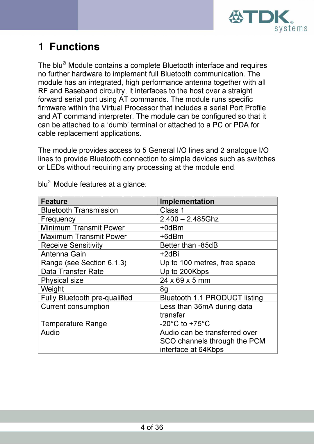 TDK blu2i manual Functions, Feature Implementation 