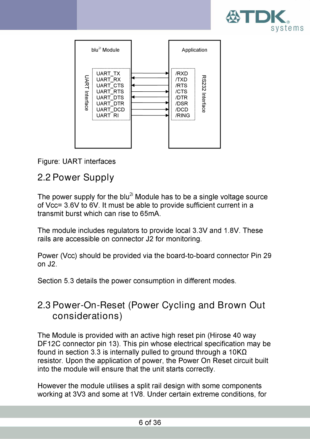 TDK blu2i manual Power Supply, Details the power consumption in different modes 