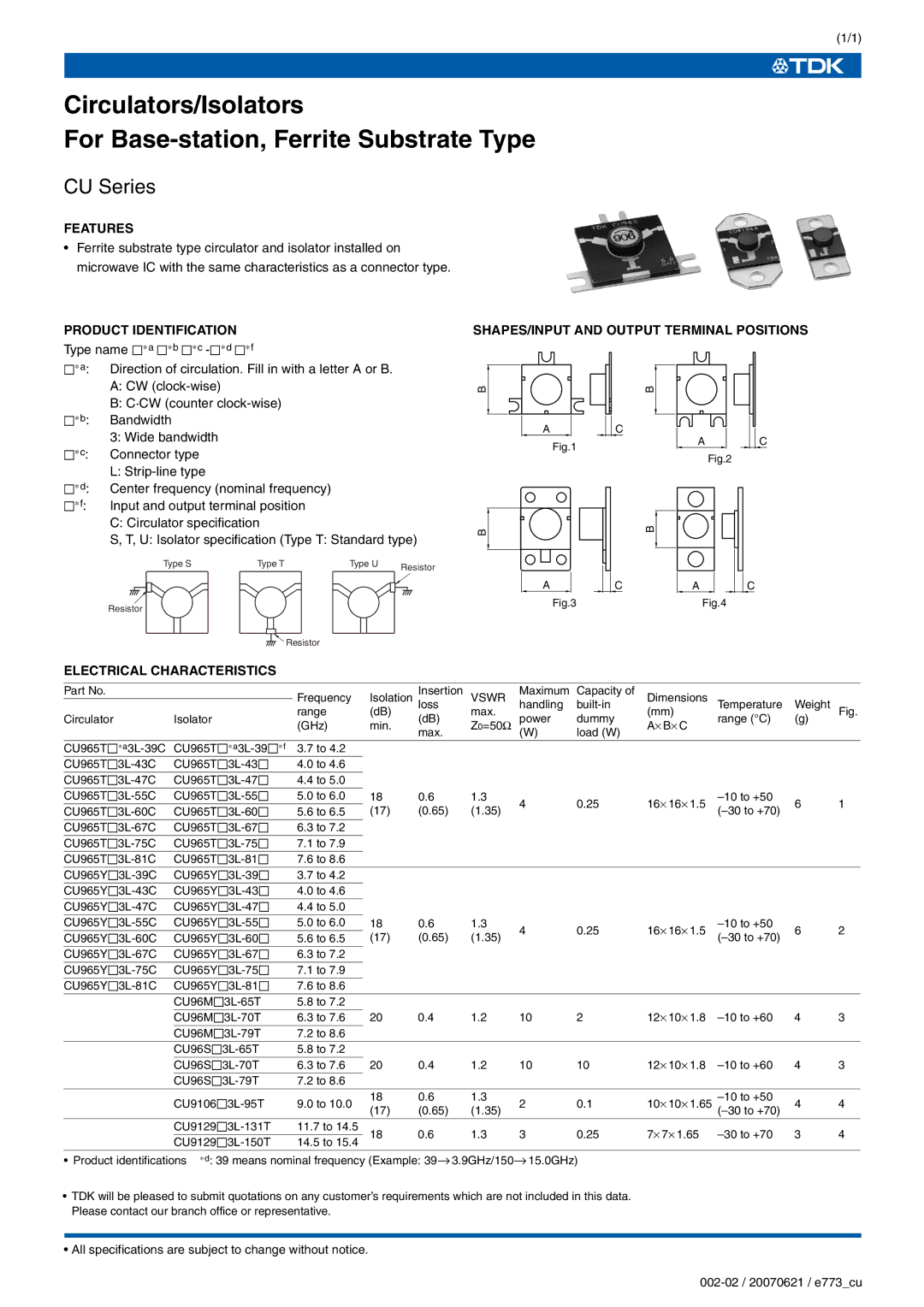 TDK CU Series specifications Features, Product Identification 