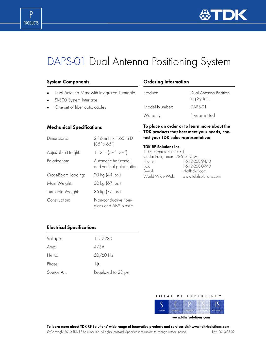 TDK DAPS-01 dimensions System Components Ordering Information, Mechanical Specifications, Electrical Specifications 