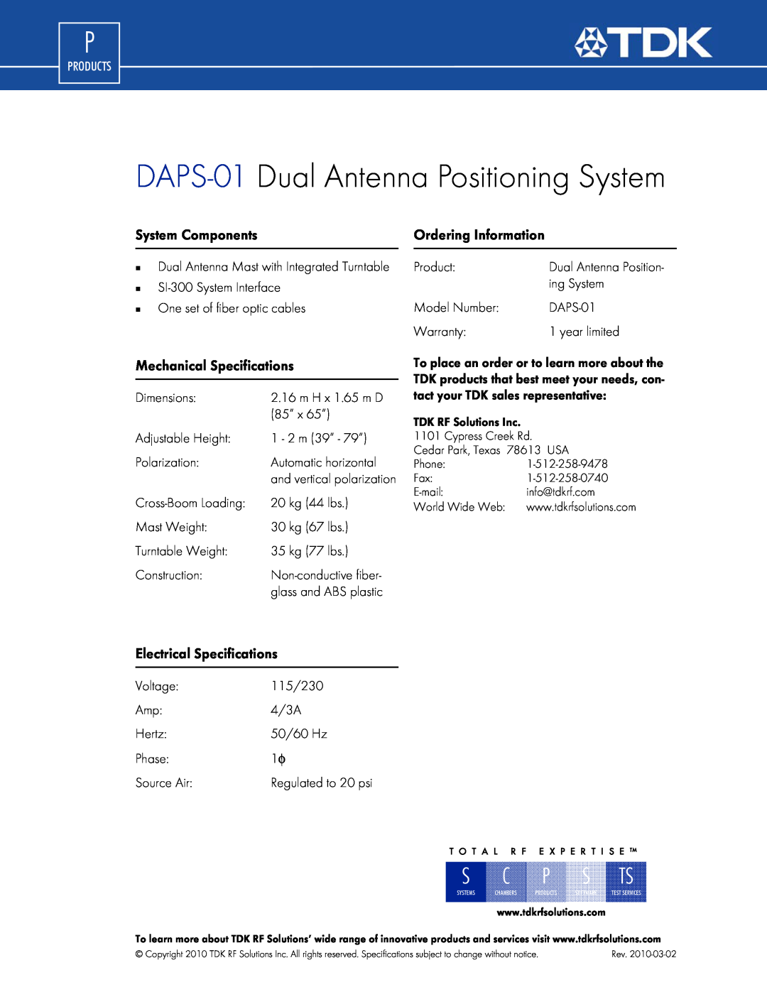 TDK DAPS-01 dimensions System Components, Ordering Information, Mechanical Specifications, Electrical Specifications 