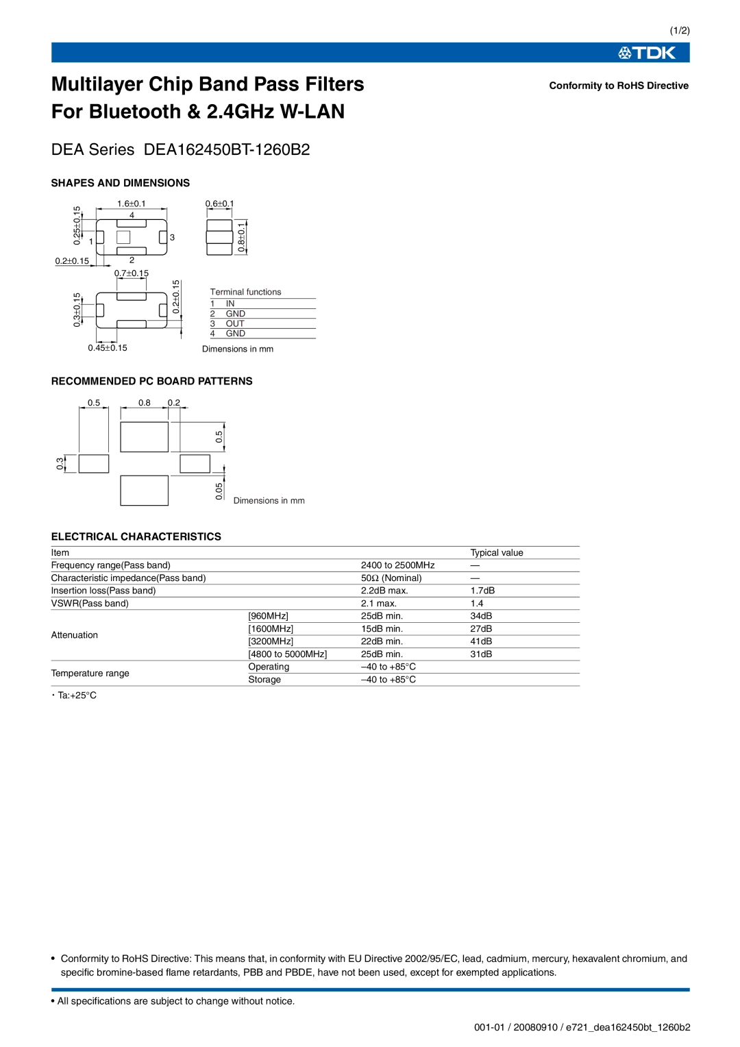 TDK DEA Series DEA162450BT-1260B2 specifications Shapes and Dimensions, Recommended PC Board Patterns 