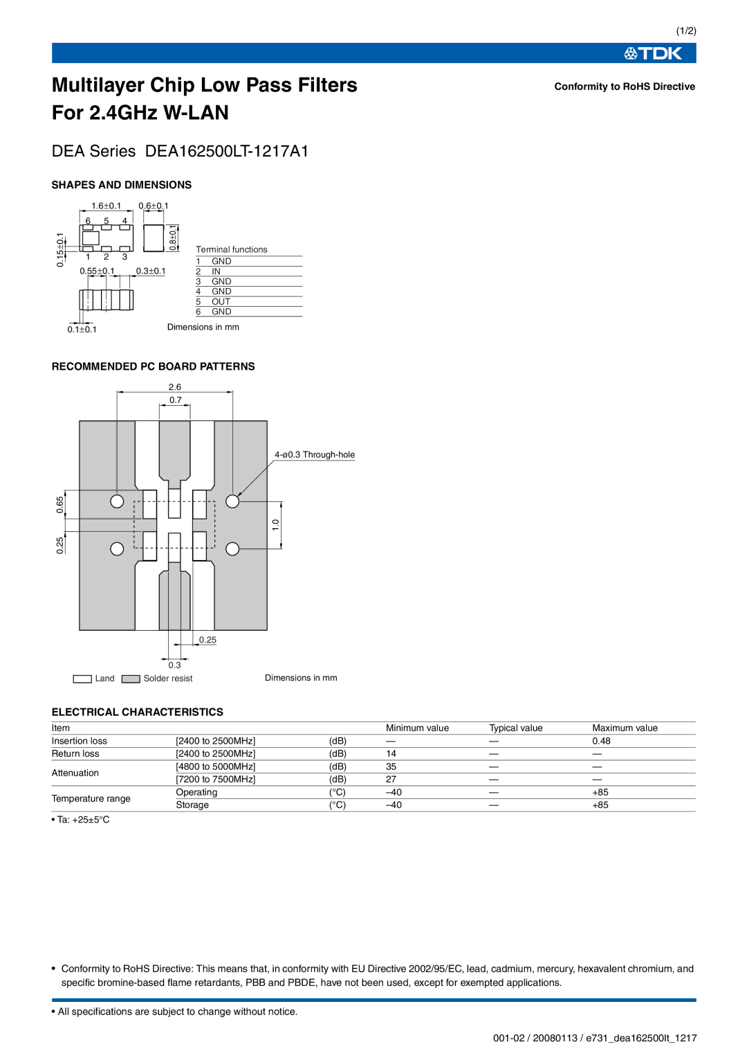 TDK DEA Series DEA162500LT-1217A1 specifications Multilayer Chip Low Pass Filters For 2.4GHz W-LAN, Shapes and Dimensions 