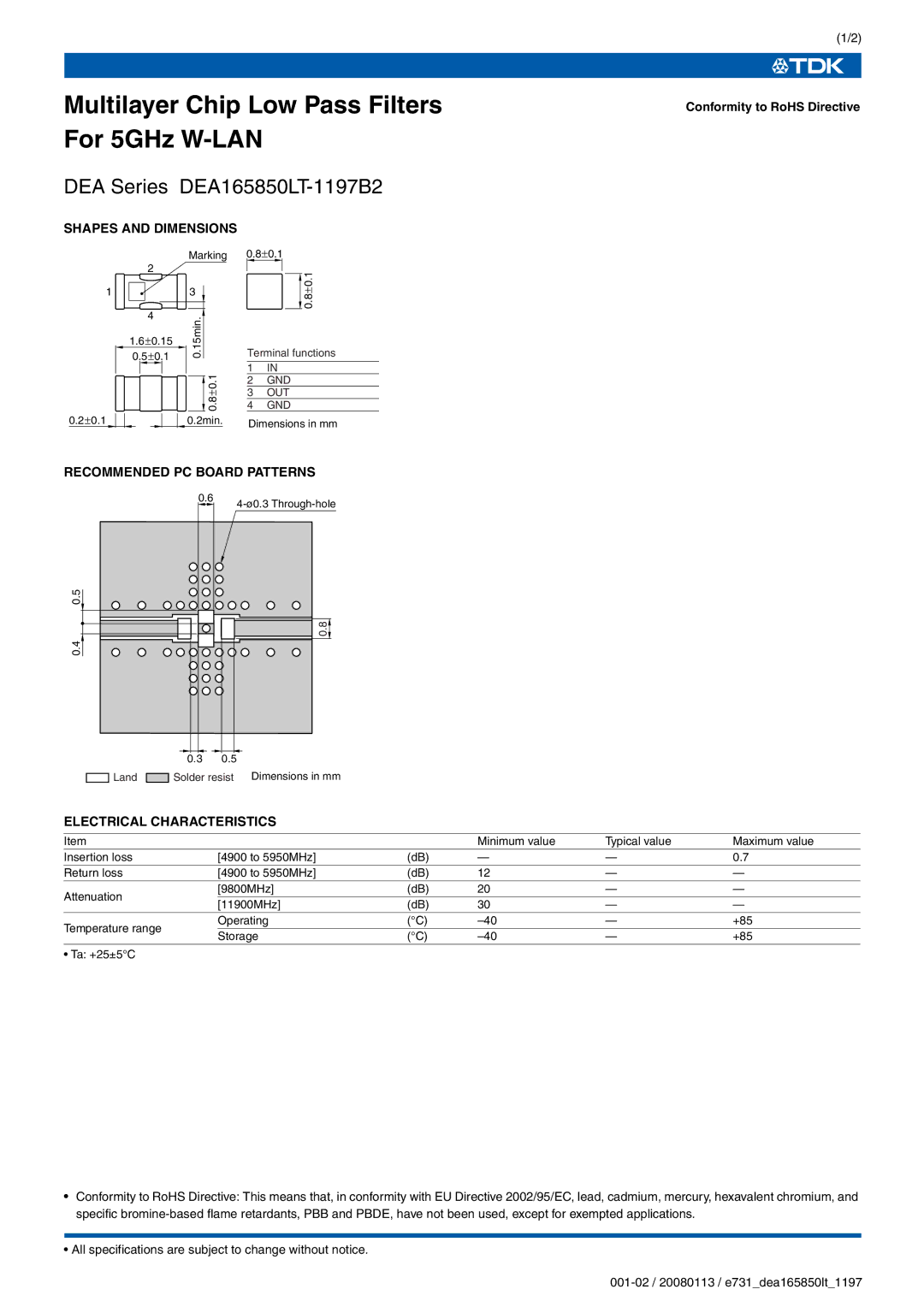 TDK DEA Series DEA165850LT-1197B2 specifications Multilayer Chip Low Pass Filters For 5GHz W-LAN, Shapes and Dimensions 