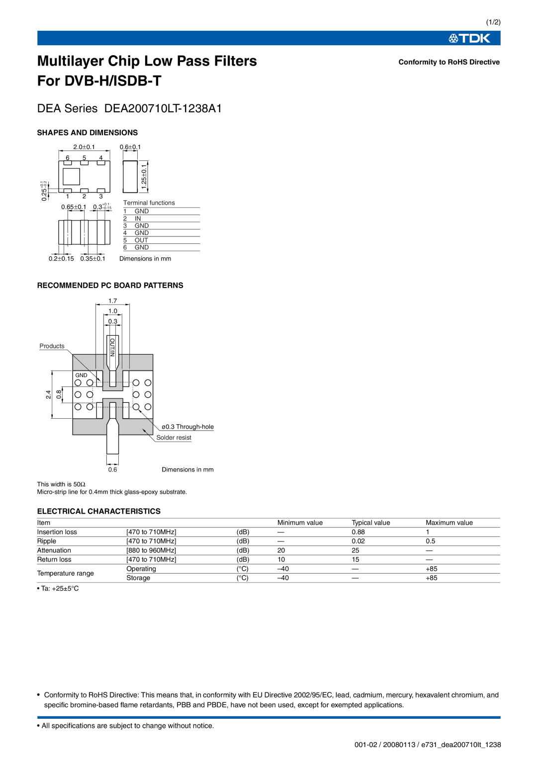 TDK DEA Series DEA200710LT-1238A1 specifications Multilayer Chip Low Pass Filters For DVB-H/ISDB-T, Shapes and Dimensions 