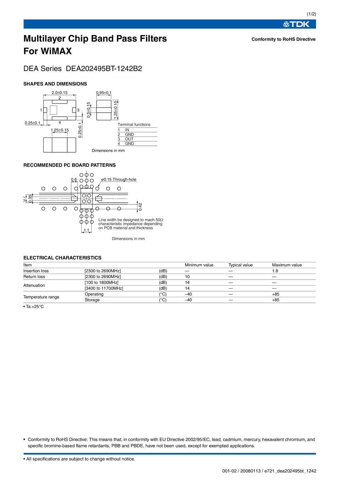 TDK DEA Series DEA202495BT-1242B2 specifications Multilayer Chip Band Pass Filters For WiMAX, Shapes and Dimensions 