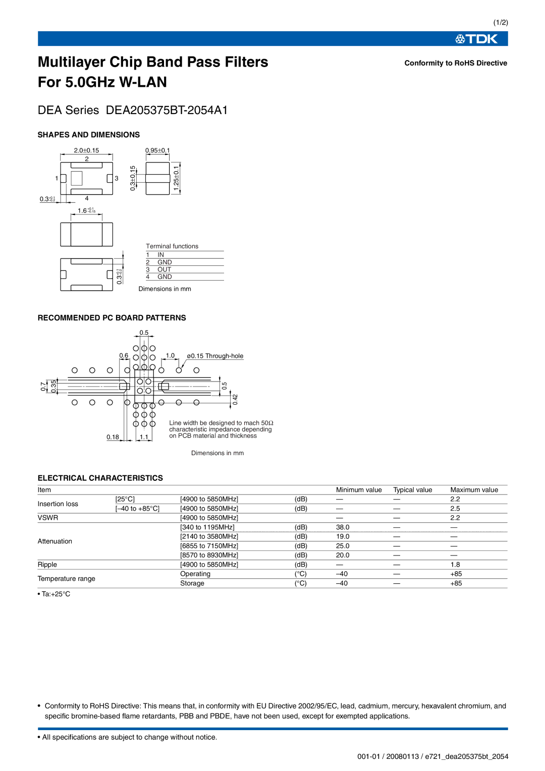 TDK DEA Series DEA205375BT-2054A1 specifications Multilayer Chip Band Pass Filters For 5.0GHz W-LAN, Shapes and Dimensions 