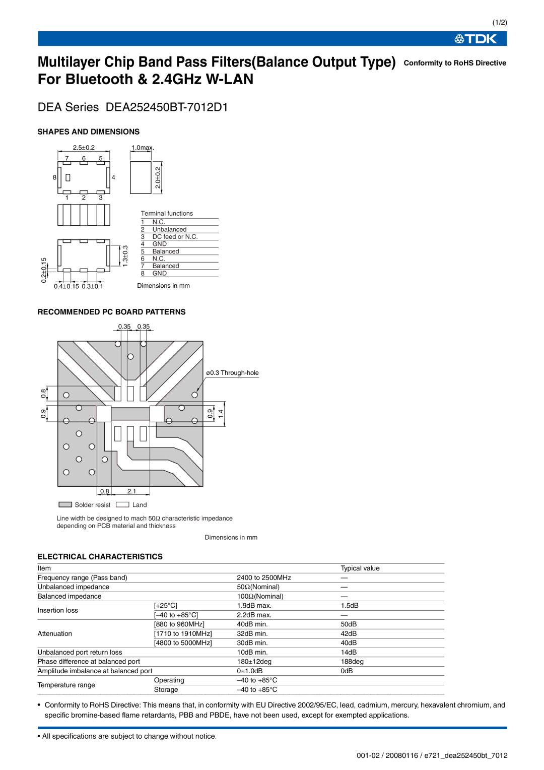 TDK DEA Series DEA252450BT-7012D1 specifications Shapes and Dimensions, Recommended PC Board Patterns 