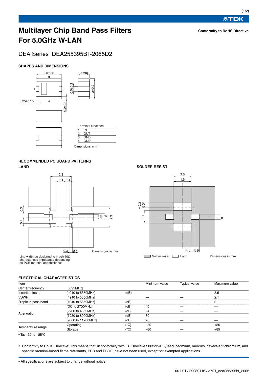 TDK DEA Series DEA255395BT-2065D2 specifications Multilayer Chip Band Pass Filters For 5.0GHz W-LAN 