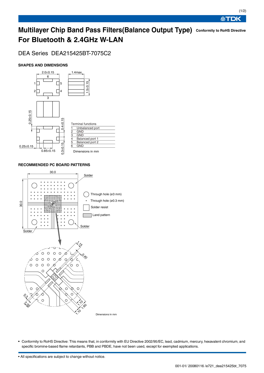 TDK DEA Series, DEA215425BT-7075C2 specifications Shapes and Dimensions, Recommended PC Board Patterns 