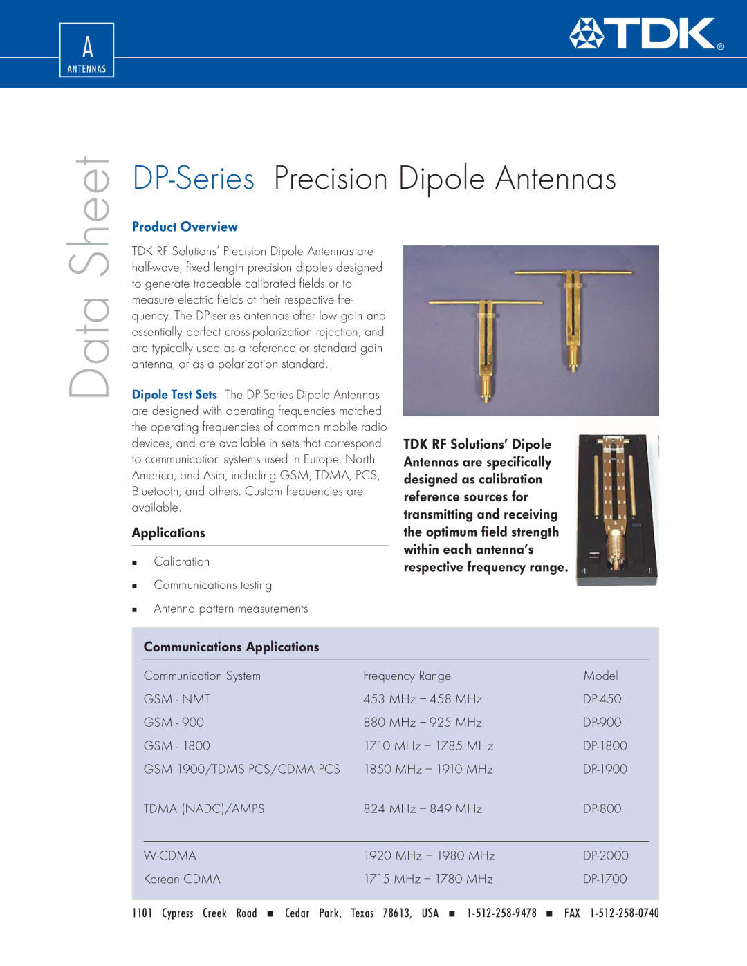 TDK DP-Series manual Communications Applications, Gsm Nmt, Tdma NADC/AMPS, Cdma 