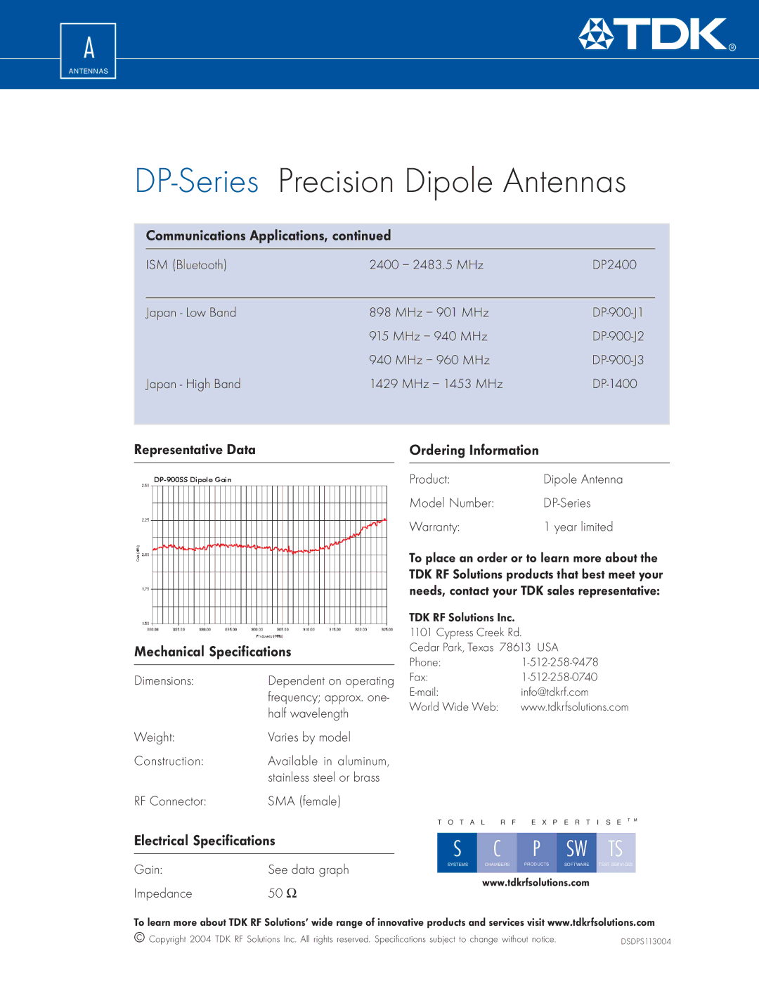 TDK DP-Series manual Precision Dipole Antennas, Electrical Specifications 