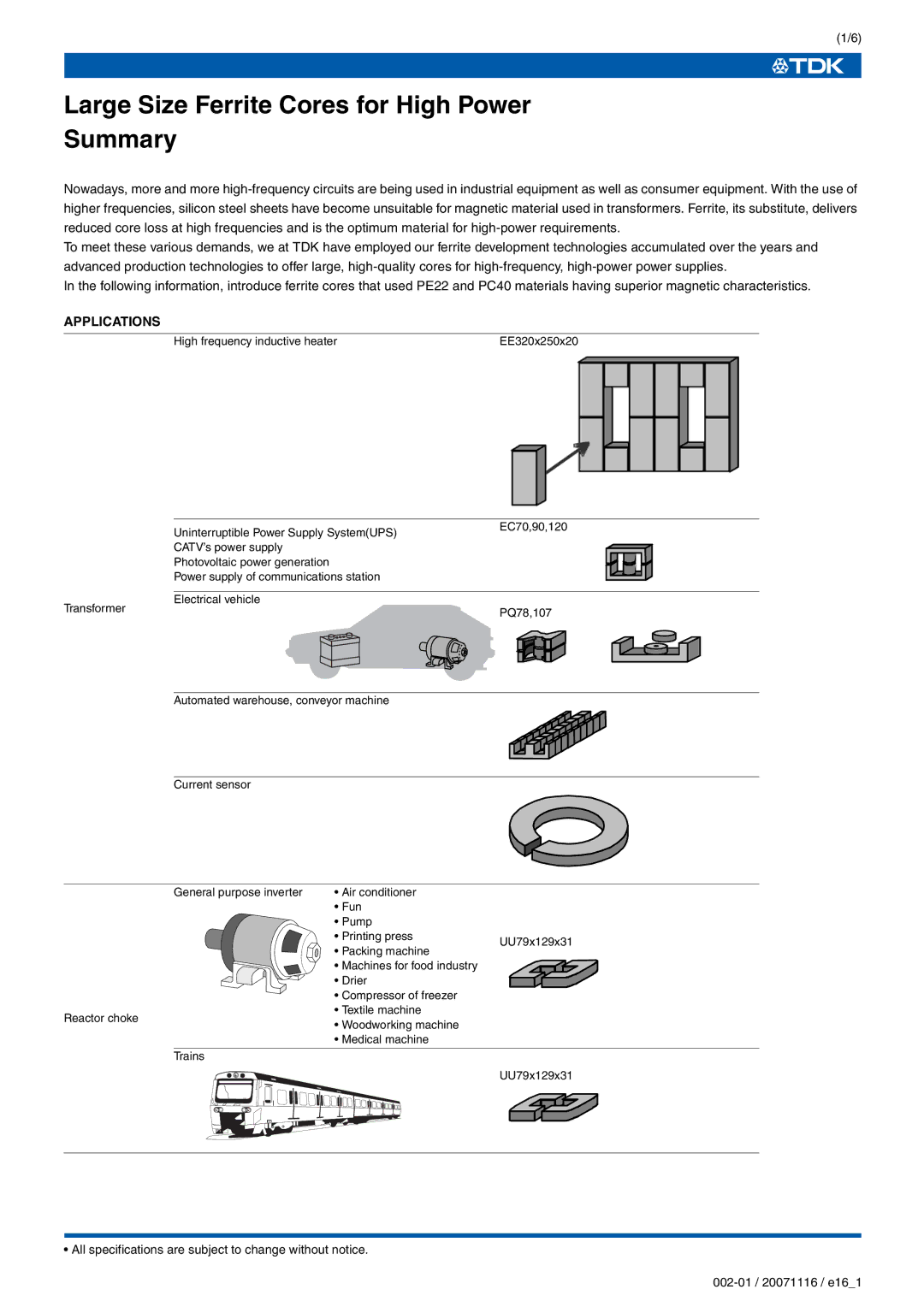 TDK EE320x250x20 specifications Large Size Ferrite Cores for High Power Summary, Applications 