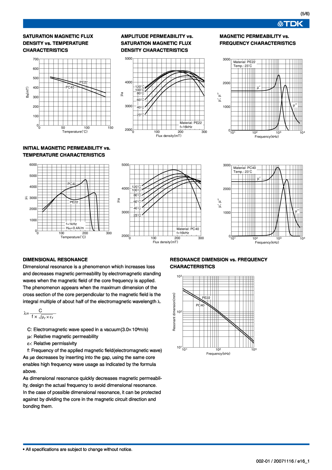 TDK EE320x250x20 specifications SATURATION MAGNETIC FLUX DENSITY vs. TEMPERATURE CHARACTERISTICS, Density Characteristics 
