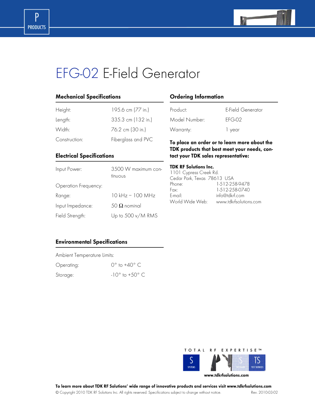 TDK EFG-02 manual Mechanical Specifications Ordering Information, Electrical Specifications, Environmental Specifications 