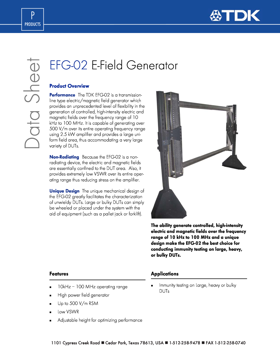 TDK manual EFG-02 E-FieldGenerator, Features, Applications, Data Sheet, Product Overview, Products 