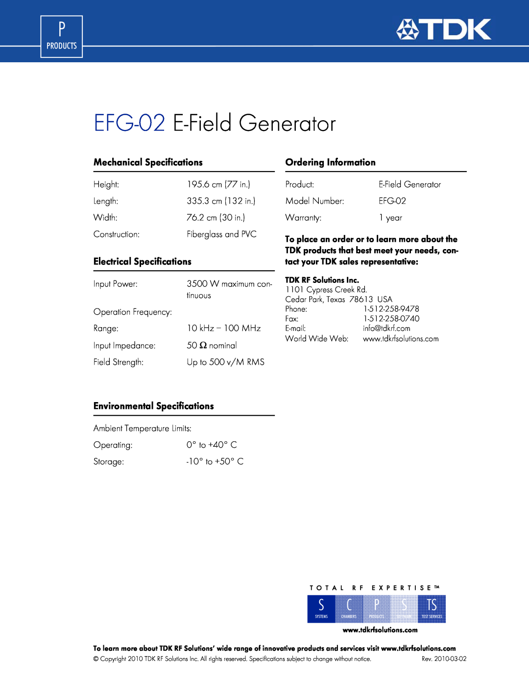 TDK EFG-02 manual Mechanical Specifications, Ordering Information, Electrical Specifications, Environmental Specifications 